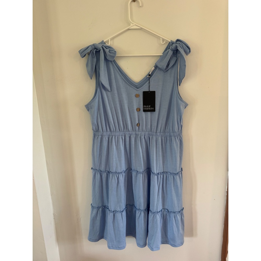 Pinup Fashion Light Blue Tiered Tie Shoulder Mini Dress Sleeveless V-Neck NEW